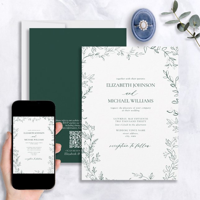 QR Code Elegant Minimal Leaf Emerald Green Wedding Invitation (Creator Uploaded)