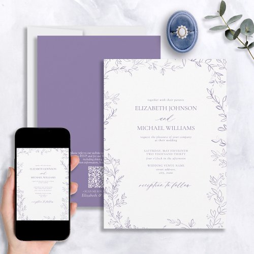 QR Code Elegant Minimal Leaf Lavender Wedding Invitation