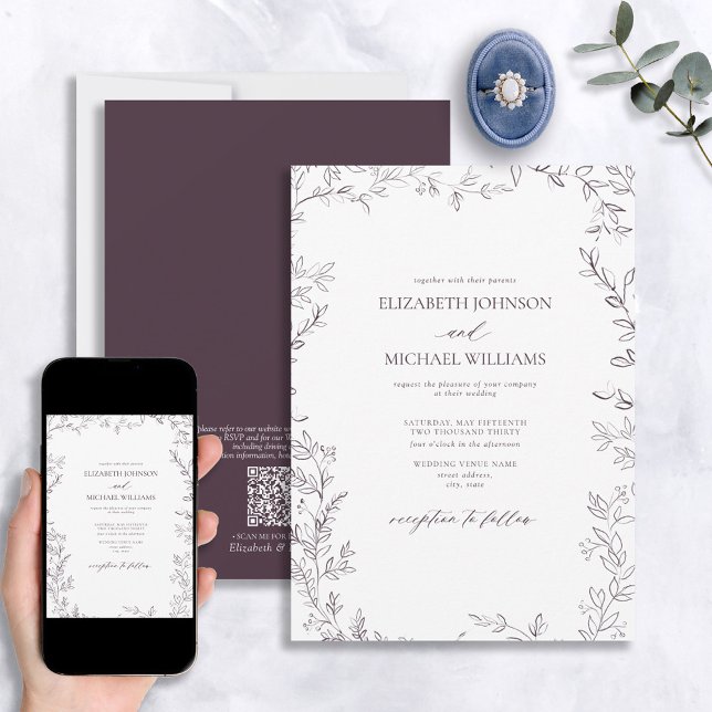 QR Code Elegant Minimal Leaf Plum Purple Wedding Invitation (Creator Uploaded)