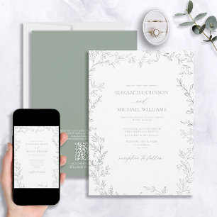QR Code Elegant Minimal Leaf Sage Green Wedding Invitation