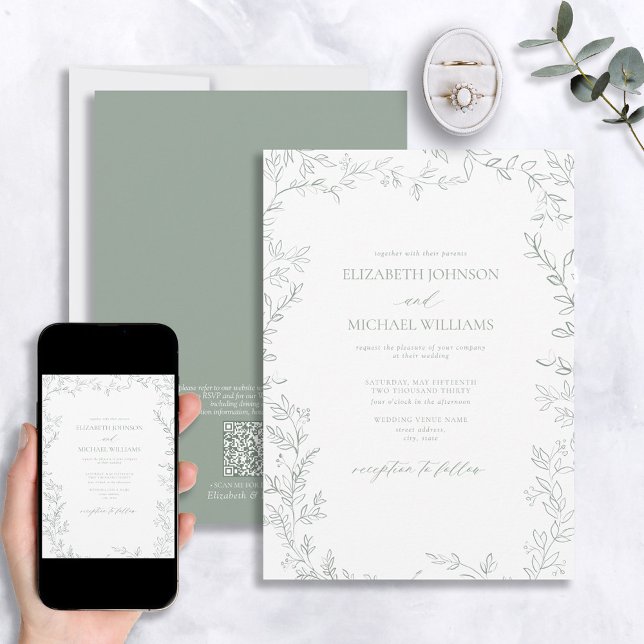 QR Code Elegant Minimal Leaf Sage Green Wedding Invitation (Creator Uploaded)