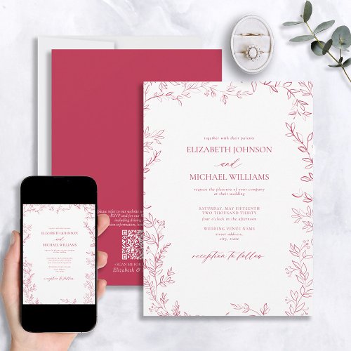 QR Code Elegant Minimal Leaf Vivid Magenta Wedding Invitation