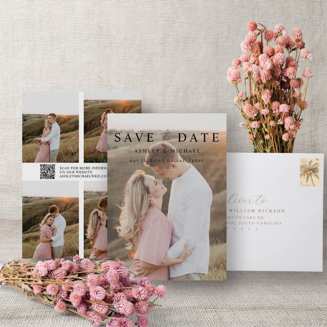 QR Code Elegant Minimalist Script 5 Photo Wedding Save The Date (Save the Date!)