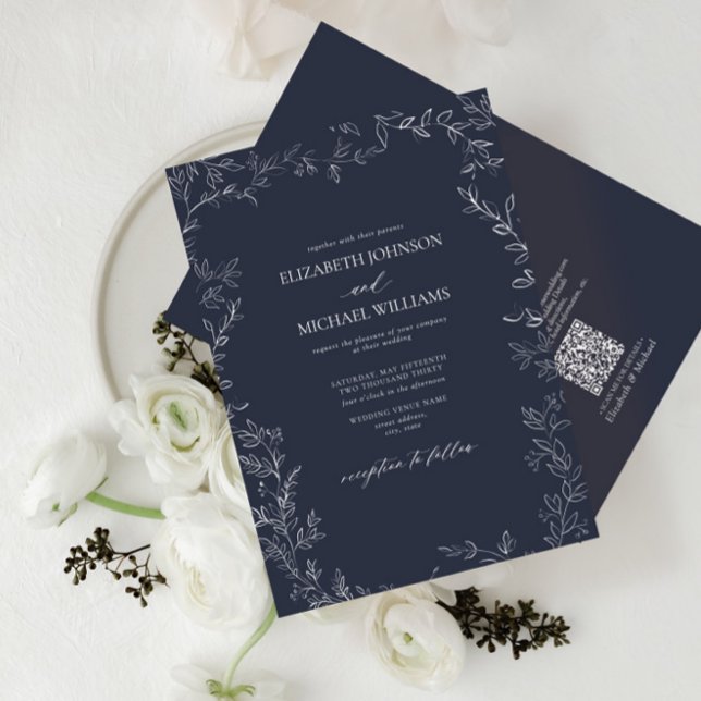 QR Code Elegant Navy Blue Minimal Leaf Wedding Invitation (Creator Uploaded)