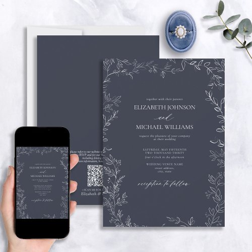 QR Code Elegant Navy Blue Minimal Leaf Wedding Invitation