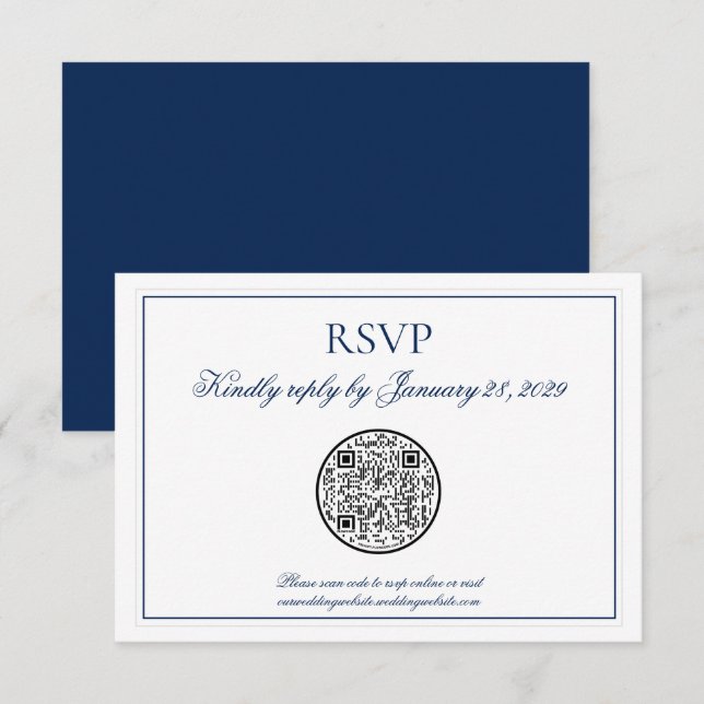 QR Code Elegant Navy Blue White Wedding RSVP (Front/Back)