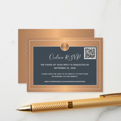 QR CODE elegant navy gold wedding website Enclosure Card