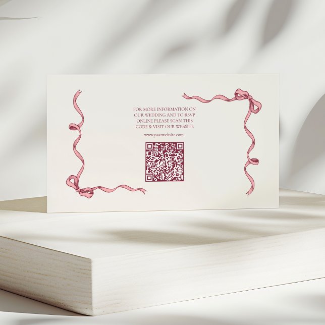 QR Code Elegant Pink Hand Drawn Bow Wedding Enclosure Card (Creator Uploaded)