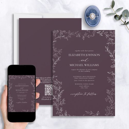 QR Code Elegant Plum Purple Minimal Leaf Wedding Invitation