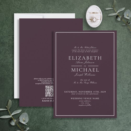 QR Code Elegant Purple Classic Script Wedding Invitation