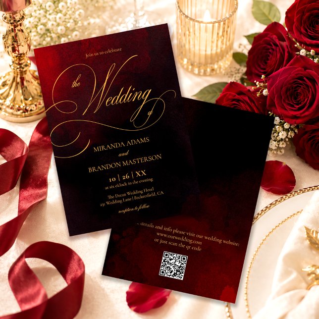 QR Code Elegant Red Black Gold Calligraphy Wedding Invitation (Creator Uploaded)