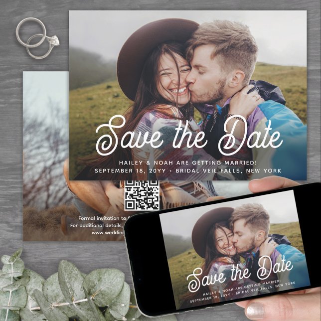QR Code Elegant Retro Script Two Photo Wedding Save The Date (Creator Uploaded)