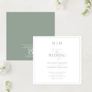 QR Code Elegant Sage Green Calligraphy Monogram Invitation