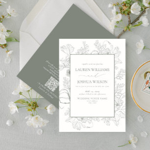 QR Code Elegant Sage Green Floral Line Art Wedding Invitation