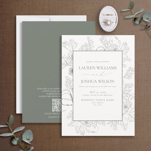 QR Code Elegant Sage Green Floral Line Art Wedding Invitation