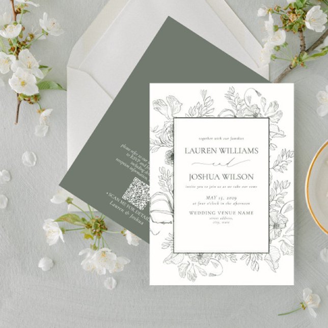 QR Code Elegant Sage Green Floral Line Art Wedding Invitation (Creator Uploaded)