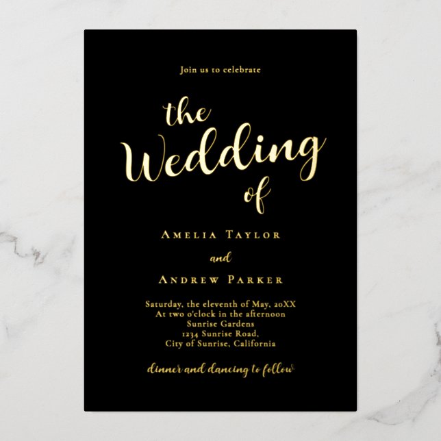 QR Code Elegant Script Calligraphy Simple Wedding Foil Invitation (Front)