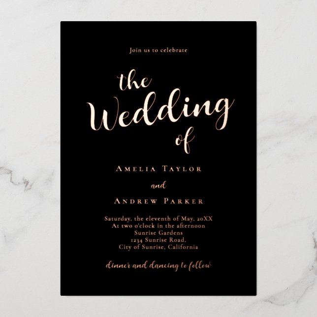 QR Code Elegant Script Calligraphy Simple Wedding Foil Invitation (Front)