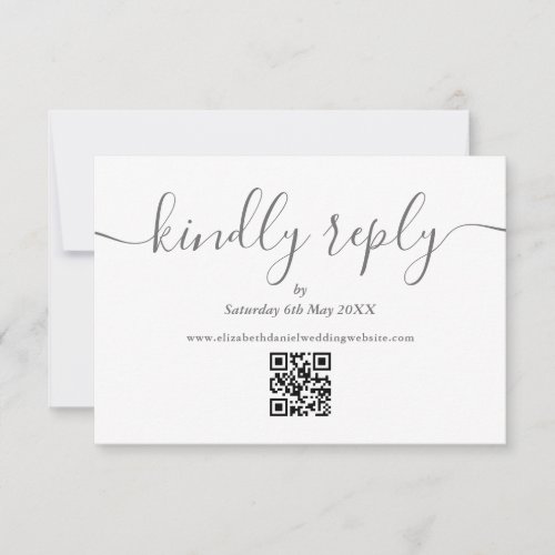 QR Code Elegant Script Kindly Reply Gray And White RSVP Card