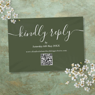 QR Code Elegant Script Kindly Reply Olive Green RSVP Card