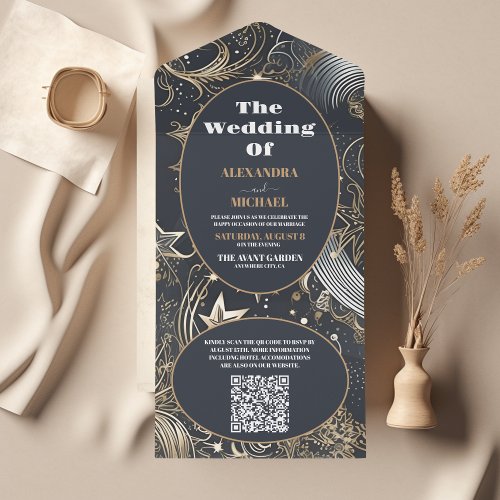 QR Code Elegant Silver Gold Celestial Wedding All In One Invitation
