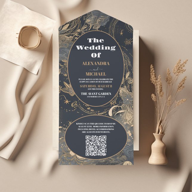 QR Code Elegant Silver Gold Celestial Wedding All In One Invitation (Creator Uploaded)