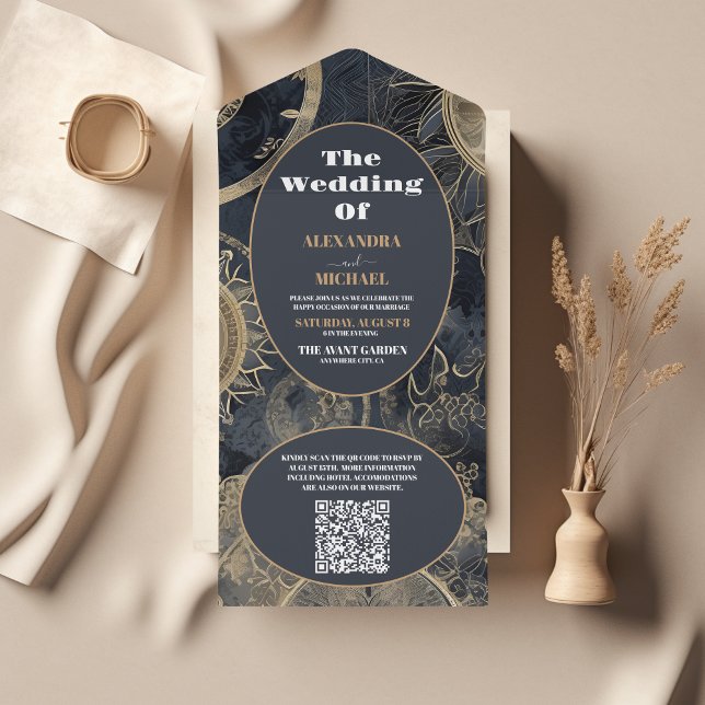 QR Code Elegant Silver Gold Celestial Wedding All In One Invitation (Creator Uploaded)