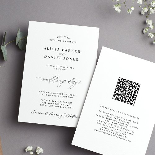 QR CODE elegant simple black and white wedding Invitation