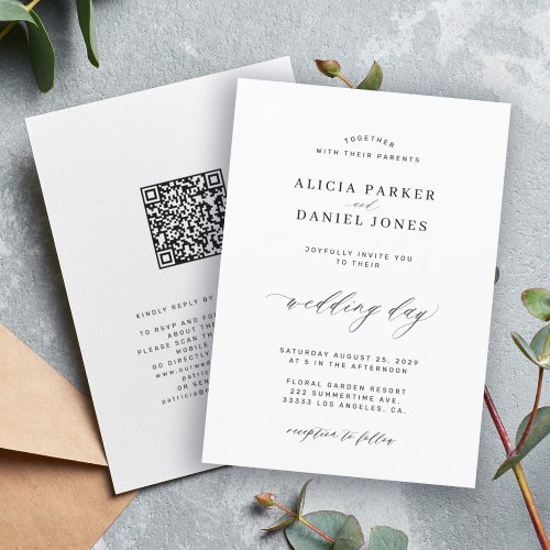 QR CODE elegant simple black and white wedding Invitation
