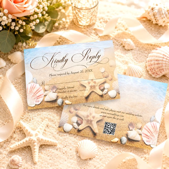 QR Code Elegant Starfish Ocean Beach Wedding RSVP Card (Creator Uploaded)
