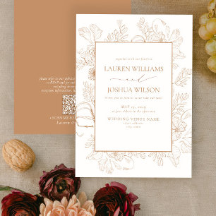 QR Code Elegant Terracotta Floral Line Art Wedding Invitation