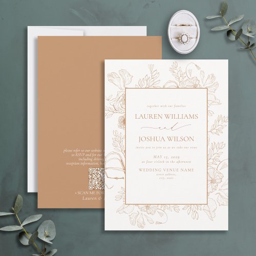 QR Code Elegant Terracotta Floral Line Art Wedding Invitation