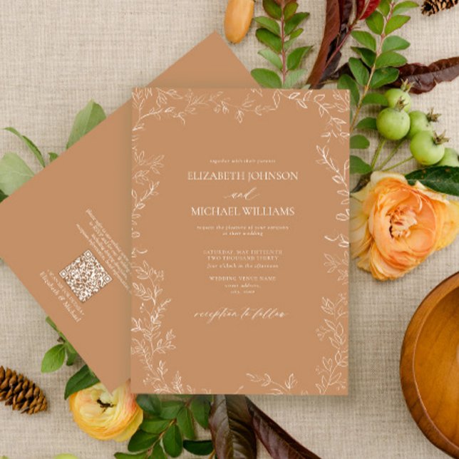 QR Code Elegant Terracotta Minimal Leaf Wedding Invitation (Creator Uploaded)