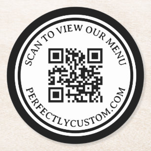 QR code elegant text view menu black double border Round Paper Coaster