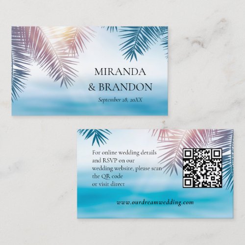 QR Code Elegant Tropical Palm Ocean Beach Wedding Enclosure Card