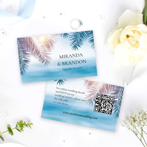 QR Code Elegant Tropical Palm Ocean Beach Wedding Enclosure Card