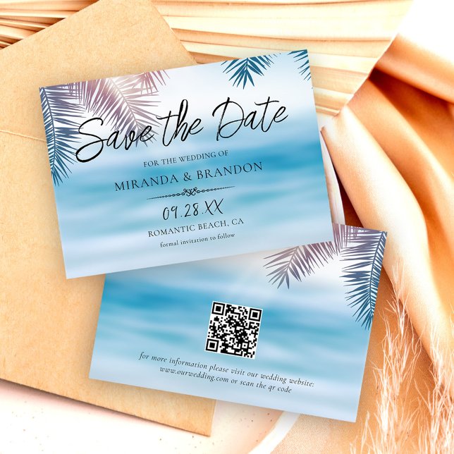 QR Code Elegant Tropical Palm Ocean Beach Wedding Save The Date (Creator Uploaded)