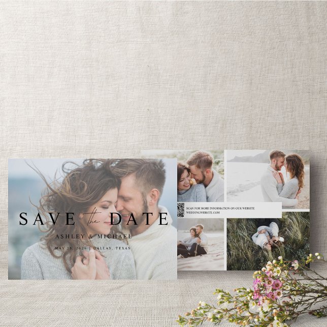 QR Code Elegant Vellum Overlay 5 Photo Engagement Save The Date (Save the Date: Love is in the air!)
