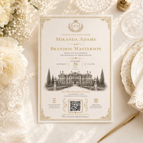 QR Code Elegant Vintage Old Money Wedding Invitation