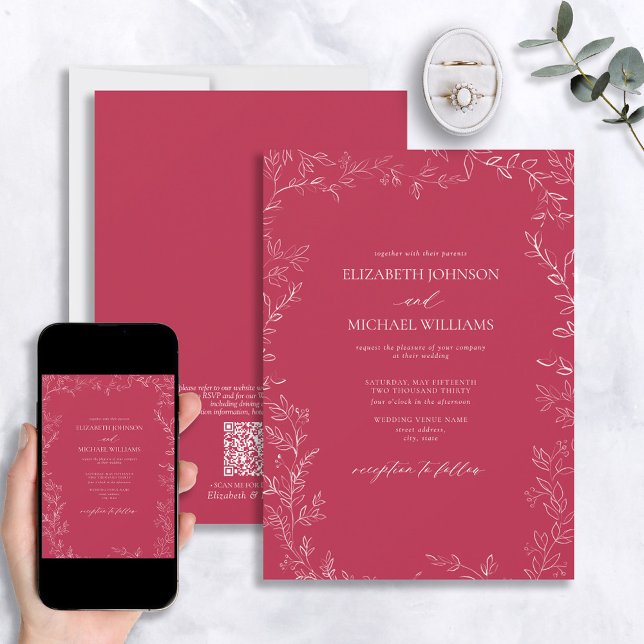 QR Code Elegant Vivid Magenta Minimal Leaf Wedding Invitation (Creator Uploaded)