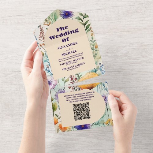 QR Code Elegant Watercolor  Wildflowers Wedding All In One Invitation