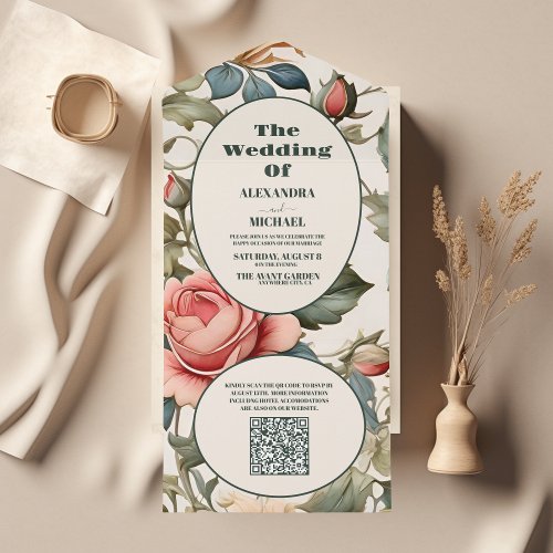 QR Code Elegant White Boho Roses Modern Wedding All In One Invitation