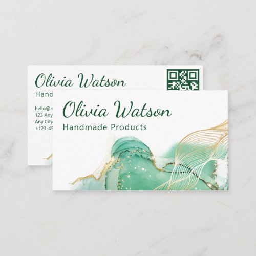 Qr_code Emerald Green and Gold Modern Watercolor Business Card