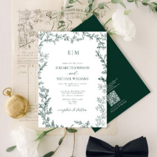 QR Code Emerald Green Elegant Monogram Wedding Invitation