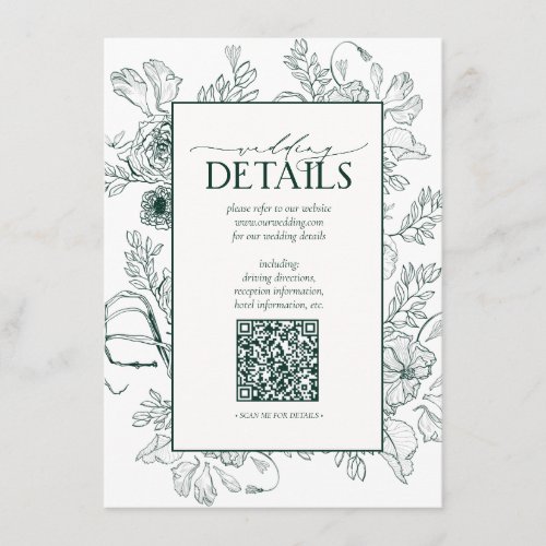 QR Code Emerald Green Floral Wedding Details Enclosure Card