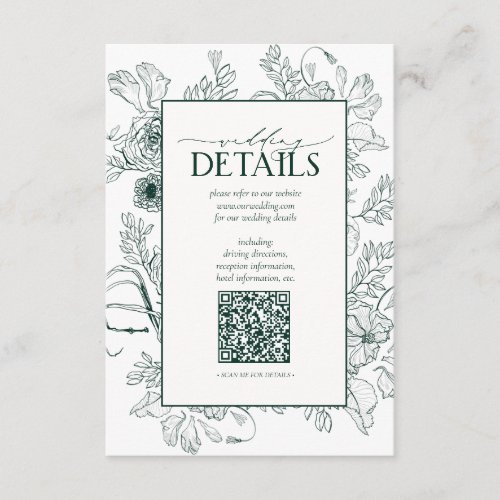 QR Code Emerald Green Floral Wedding Details Enclosure Card