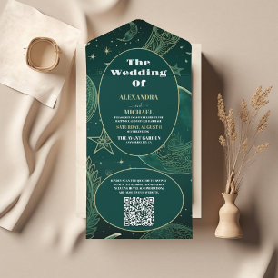 QR Code Emerald Green Gold Celestial  Wedding All In One Invitation