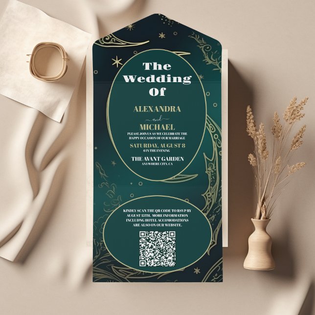 QR Code Emerald Green Gold Celestial  Wedding All In One Invitation (Creator Uploaded)