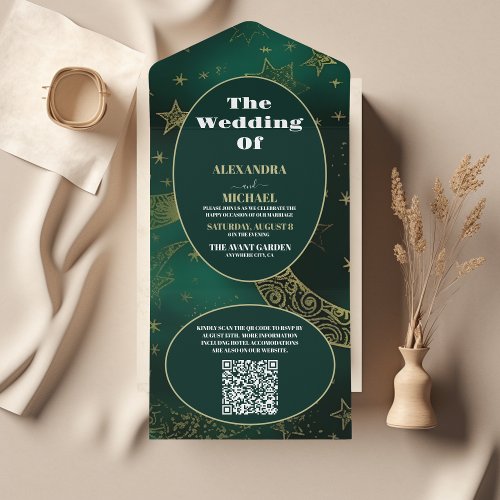 QR Code Emerald Green Gold Celestial  Wedding All In One Invitation