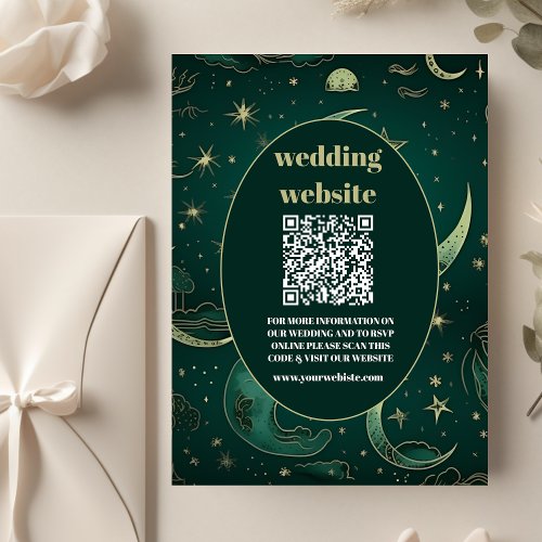 qr code Emerald Green Gold Celestial  Wedding Enclosure Card